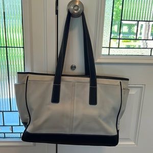 Oversized Blue Coach Tote in cloth and leather